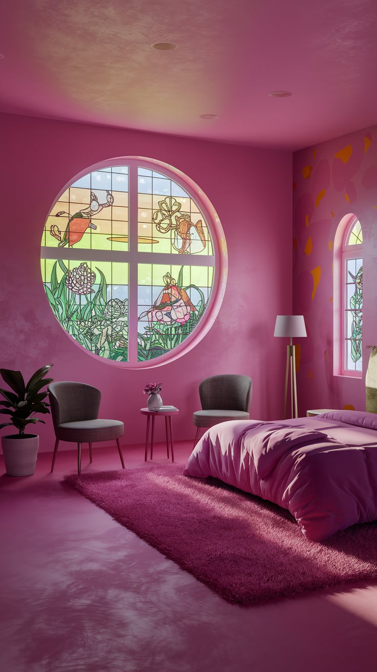 a room with a pink bed and chairs