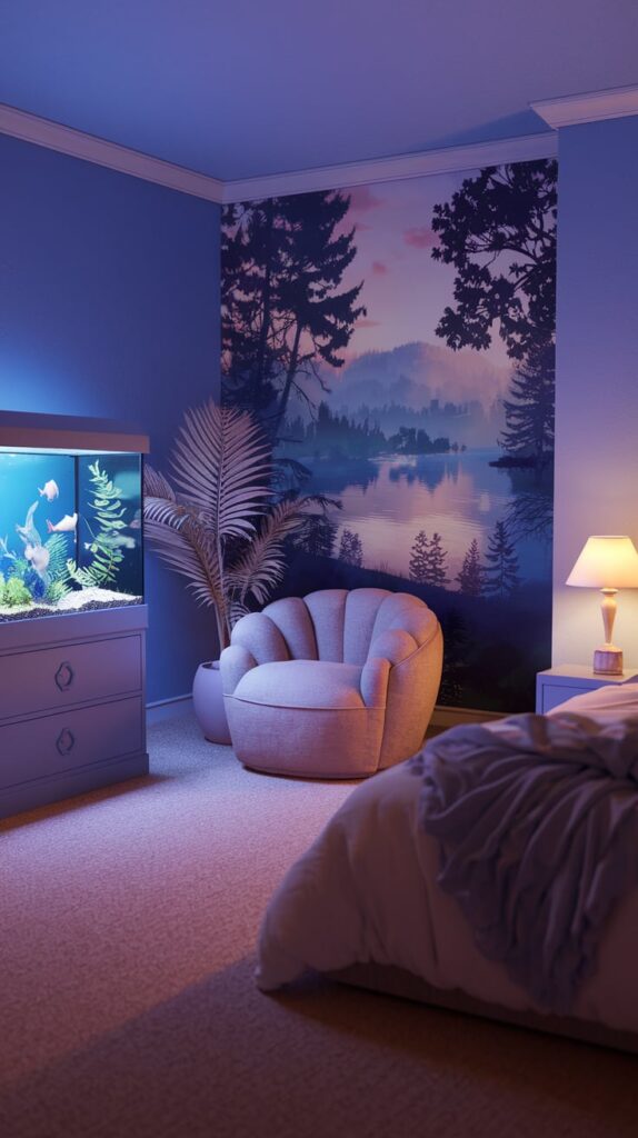 self healing decor. with chair, bed, table stand and fish tank