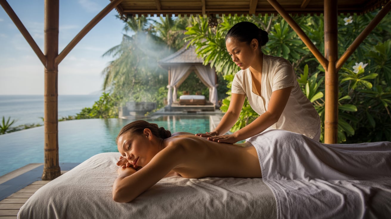 women getting thai massage on water pavilion