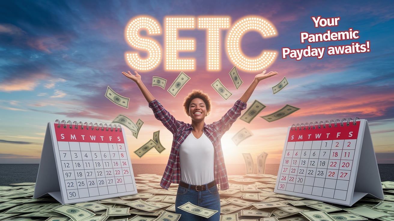 A confident woman business owner stands at the center of a vibrant scene, surrounded by streams of money flowing in all directions. She smiles with determination, embodying success and prosperity, as SETC’s bold tagline Your Gateway to Success' shines in the background.